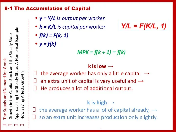 y = Y/L is output per worker k = K/L is