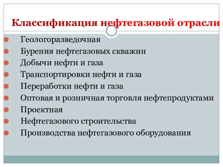 Классификация нефтегазовой отрасли Геологоразведочная Бурения нефтегазовых скважин Добычи нефти и газа