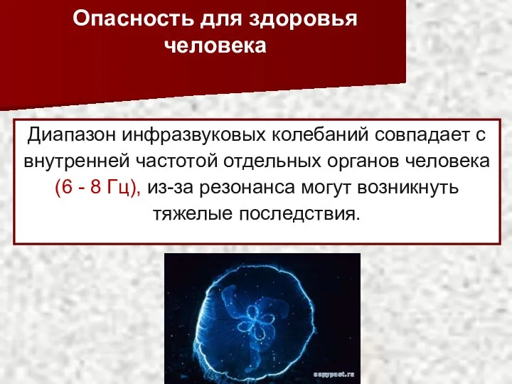 Опасность для здоровья человека Диапазон инфразвуковых колебаний совпадает с внутренней частотой