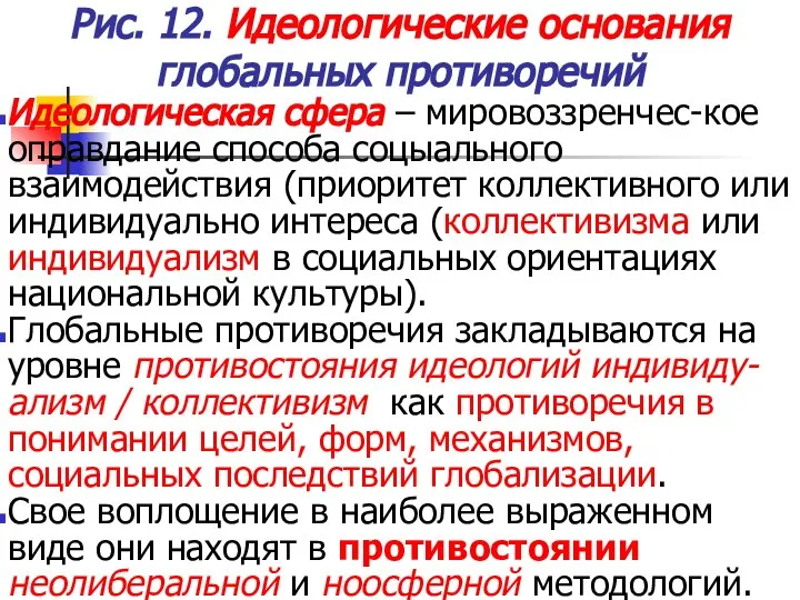 Рис. 12. Идеологические основания глобальных противоречий Идеологическая сфера – мировоззренчес-кое оправдание