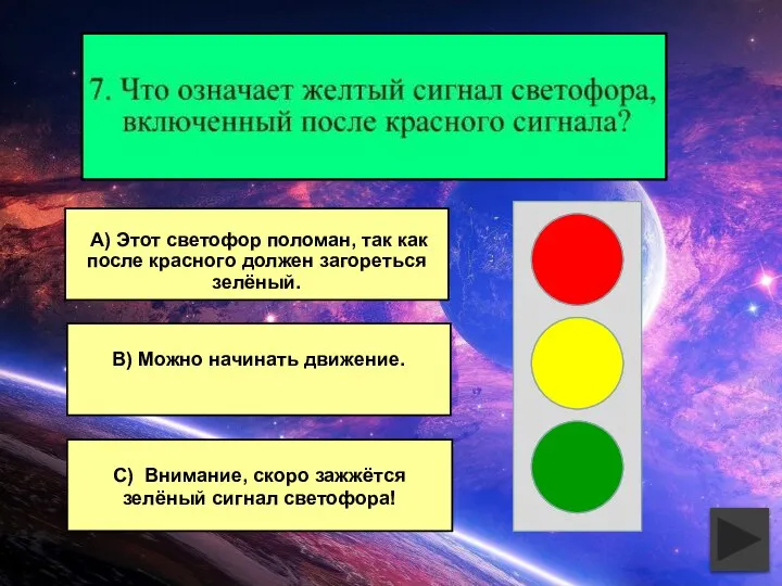 В) Можно начинать движение. С) Внимание, скоро зажжётся зелёный сигнал светофора!