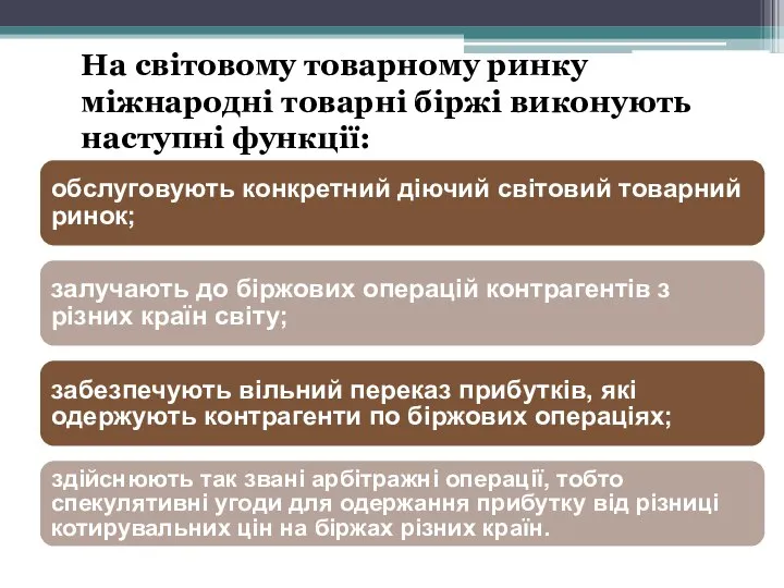 обслуговують конкретний діючий світовий товарний ринок; залучають до біржових операцій контрагентів