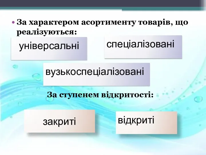 За характером асортименту товарів, що реалізуються: За ступенем відкритості: універсальні спеціалізовані вузькоспеціалізовані відкриті закриті