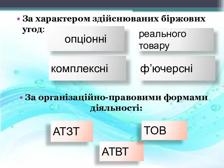 За характером здійснюваних біржових угод: За організаційно-правовими формами діяльності: ф’ючерсні комплексні