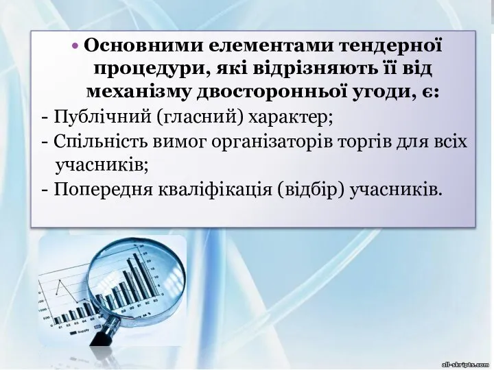 Основними елементами тендерної процедури, які відрізняють її від механізму двосторонньої угоди,