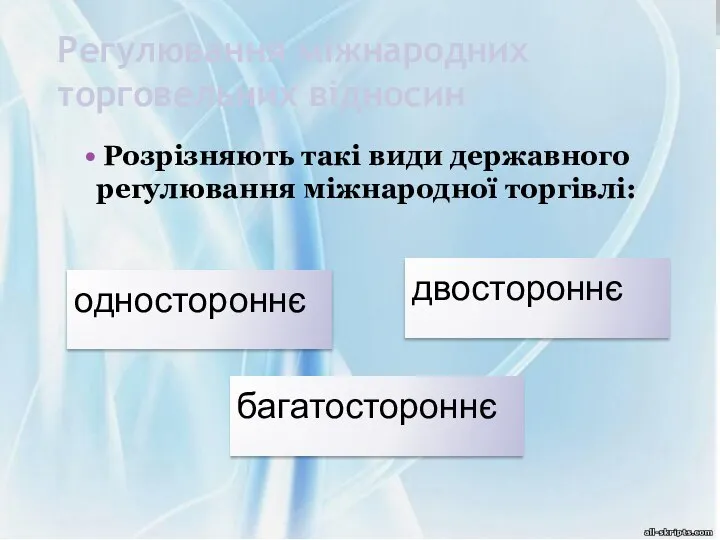 Регулювання міжнародних торговельних відносин Розрізняють такі види державного регулювання міжнародної торгівлі: багатостороннє одностороннє двостороннє