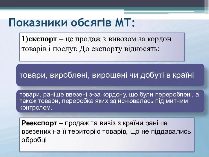 Показники обсягів МТ: товари, вироблені, вирощені чи добуті в країні товари,