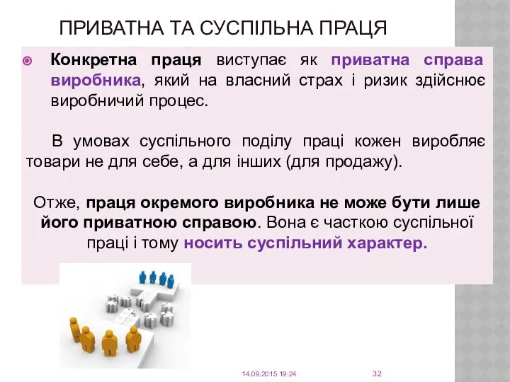 ПРИВАТНА ТА СУСПІЛЬНА ПРАЦЯ Конкретна праця виступає як приватна справа виробника,