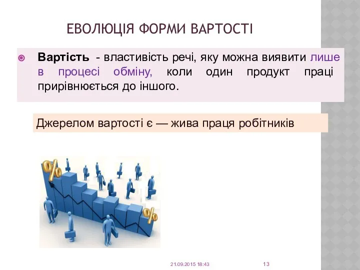 ЕВОЛЮЦІЯ ФОРМИ ВАРТОСТІ Вартість - властивість речі, яку можна виявити лише