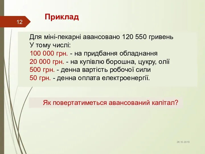 Приклад Для міні-пекарні авансовано 120 550 гривень У тому числі: 100