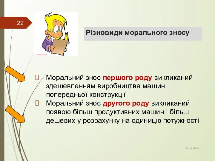 Різновиди морального зносу Моральний знос першого роду викликаний здешевленням виробництва машин