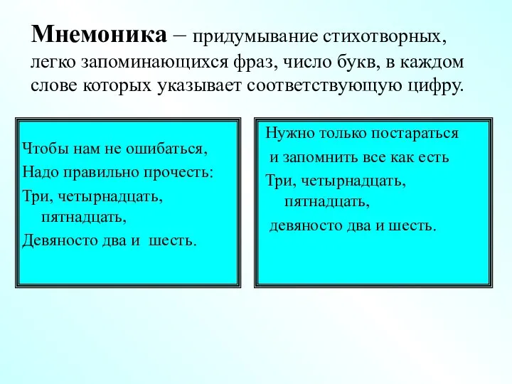 Мнемоника – придумывание стихотворных, легко запоминающихся фраз, число букв, в каждом