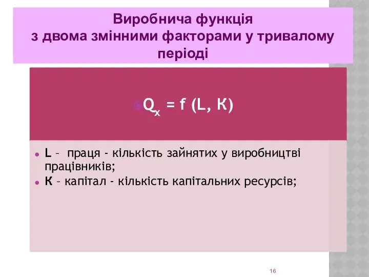 Виробнича функція з двома змінними факторами у тривалому періоді Виробнича функція