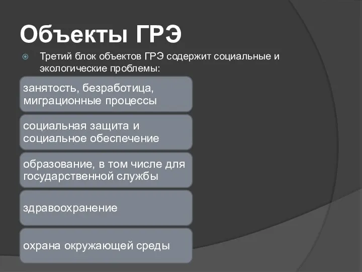 Объекты ГРЭ Третий блок объектов ГРЭ содержит социальные и экологические проблемы: