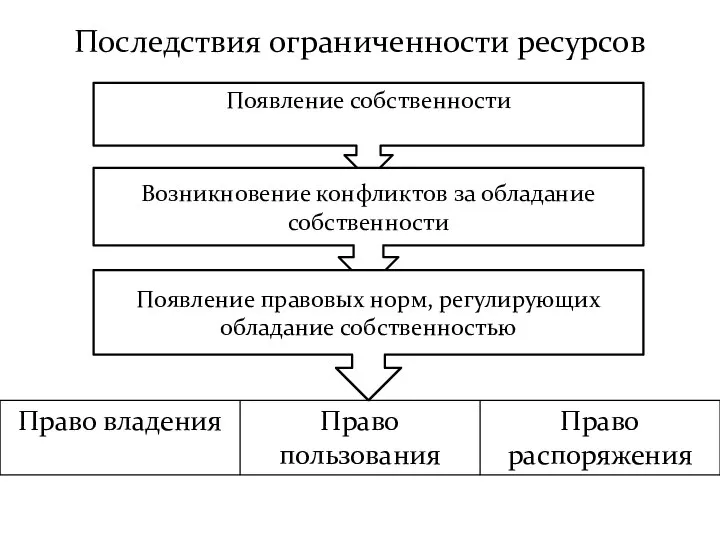 Последствия ограниченности ресурсов Появление собственности Возникновение конфликтов за обладание собственности Появление правовых норм, регулирующих обладание собственностью