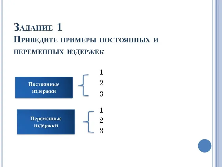 Задание 1 Приведите примеры постоянных и переменных издержек Постоянные издержки Переменные