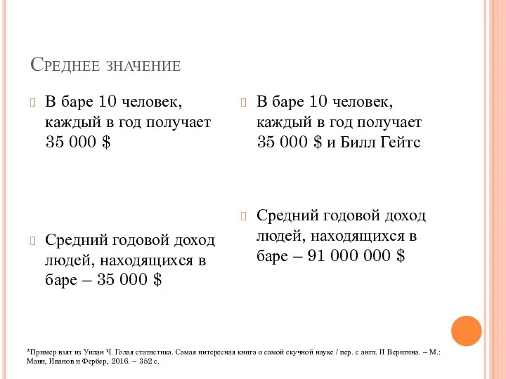 Среднее значение В баре 10 человек, каждый в год получает 35