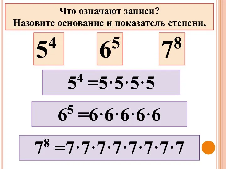 54 65 78 65 =6·6·6·6·6 78 =7·7·7·7·7·7·7·7 Что означают записи? Назовите