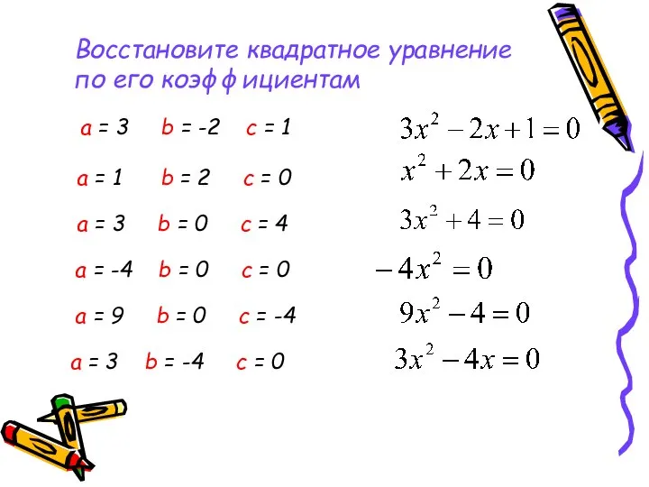 Восстановите квадратное уравнение по его коэффициентам а = 3 b =