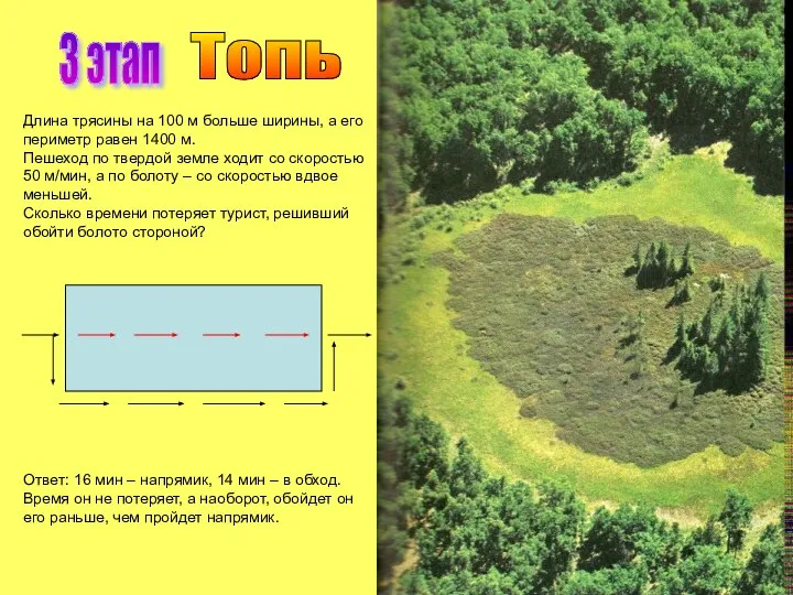 3 этап Топь Длина трясины на 100 м больше ширины, а