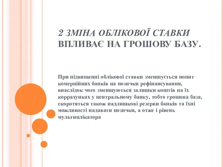 2 ЗМІНА ОБЛІКОВОЇ СТАВКИ ВПЛИВАЄ НА ГРОШОВУ БАЗУ. При підвищенні облікової