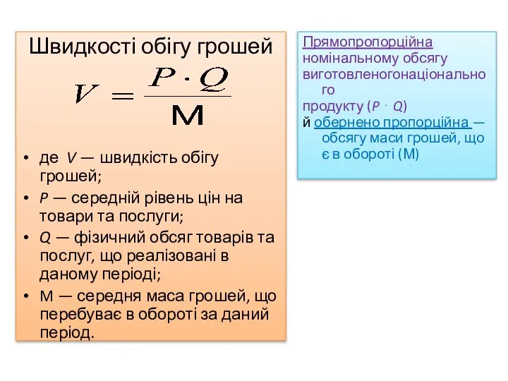 Швидкості обігу грошей де V — швидкість обігу грошей; P —