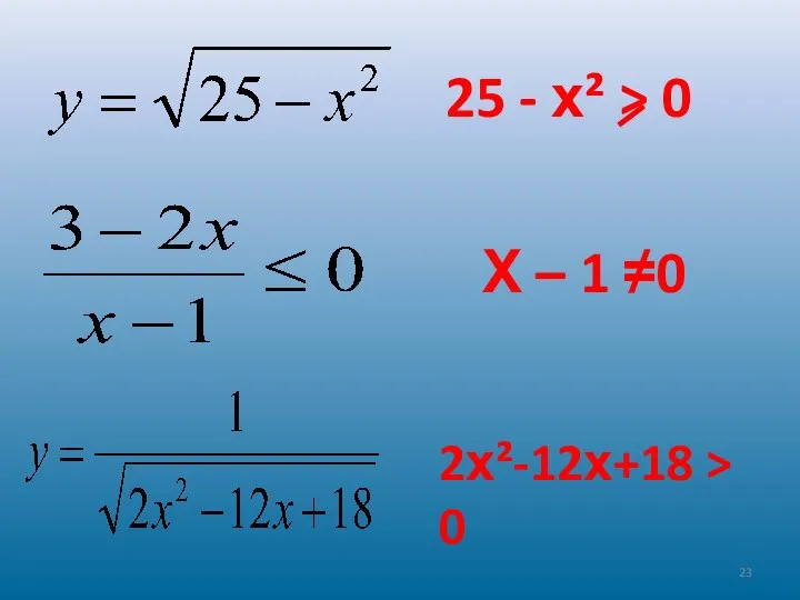 25 - х² > 0 Х – 1 ≠0 2х²-12х+18 > 0