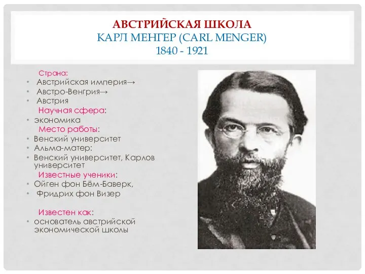 АВСТРИЙСКАЯ ШКОЛА КАРЛ МЕНГЕР (CARL MENGER) 1840 - 1921 Страна: Австрийская