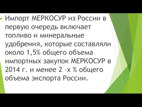 Импорт МЕРКОСУР из России в первую очередь включает топливо и минеральные