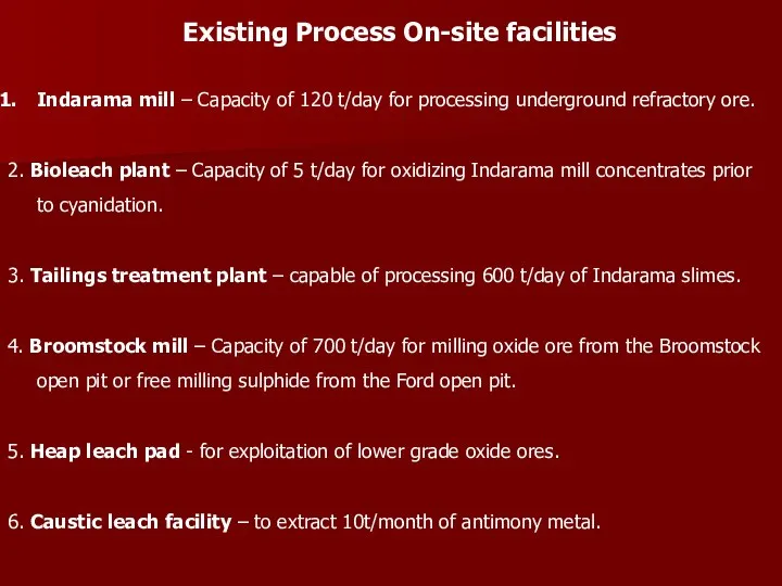 Existing Process On-site facilities Indarama mill – Capacity of 120 t/day