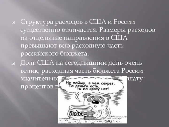 Структура расходов в США и России существенно отличается. Размеры расходов на