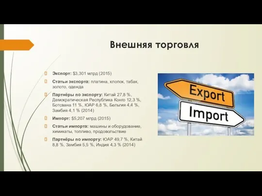 Внешняя торговля Экспорт: $3,301 млрд (2015) Статьи экспорта: платина, хлопок, табак,