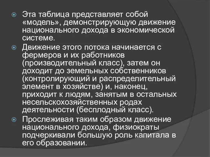 Эта таблица представляет собой «модель», демонстрирующую движение национального дохода в экономической