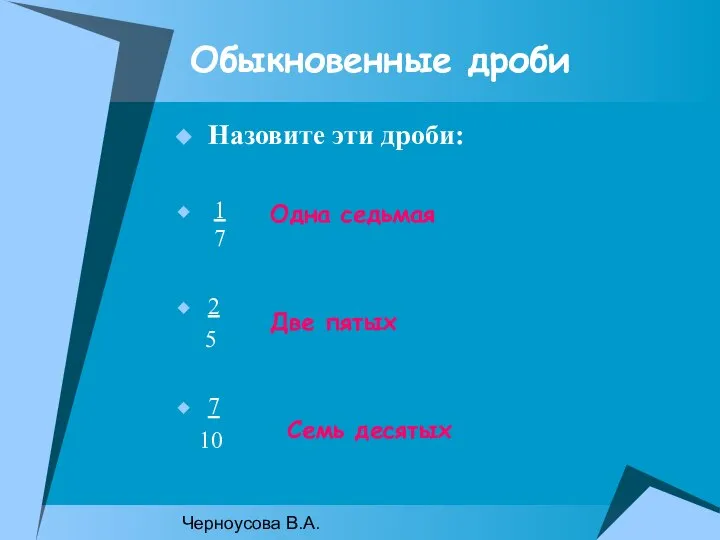 Черноусова В.А. Обыкновенные дроби Назовите эти дроби: 1 7 2 5