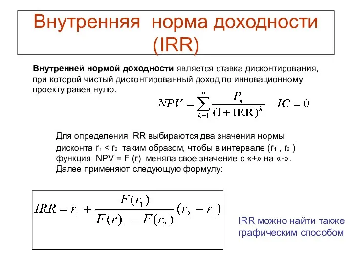 Внутренняя норма доходности (IRR) Внутренней нормой доходности является ставка дисконтирования, при