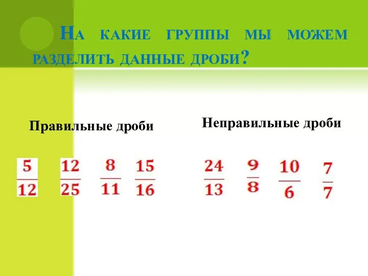 На какие группы мы можем разделить данные дроби? Правильные дроби Неправильные дроби