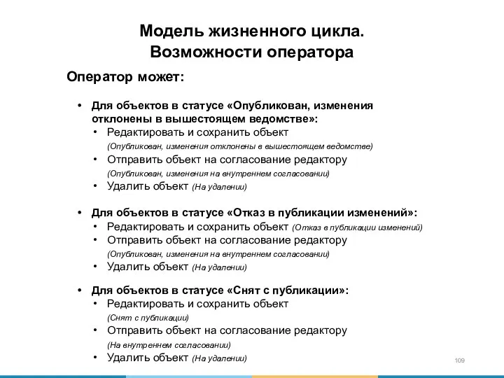 Модель жизненного цикла. Возможности оператора Оператор может: Для объектов в статусе