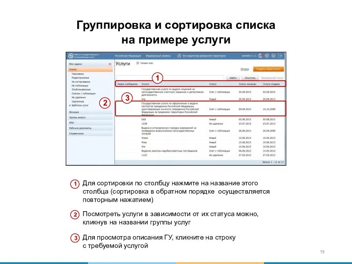 Группировка и сортировка списка на примере услуги Для сортировки по столбцу