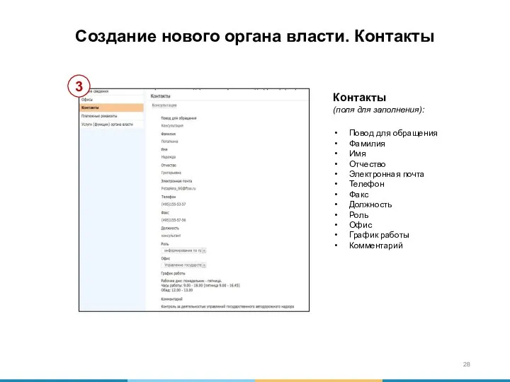 Создание нового органа власти. Контакты Контакты (поля для заполнения): Повод для