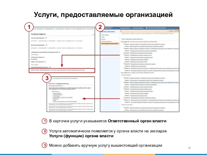 Услуги, предоставляемые организацией В карточке услуги указывается Ответственный орган власти Услуга