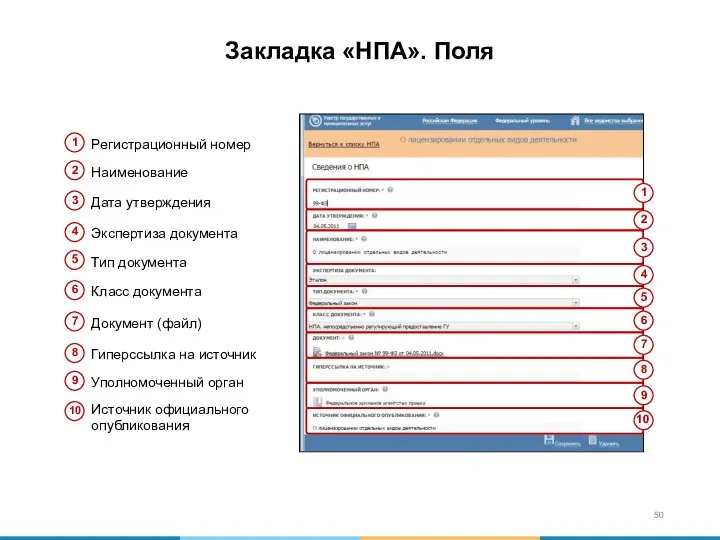 Закладка «НПА». Поля