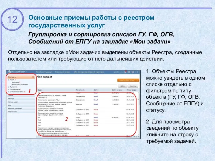 Основные приемы работы с реестром государственных услуг Группировка и сортировка списков