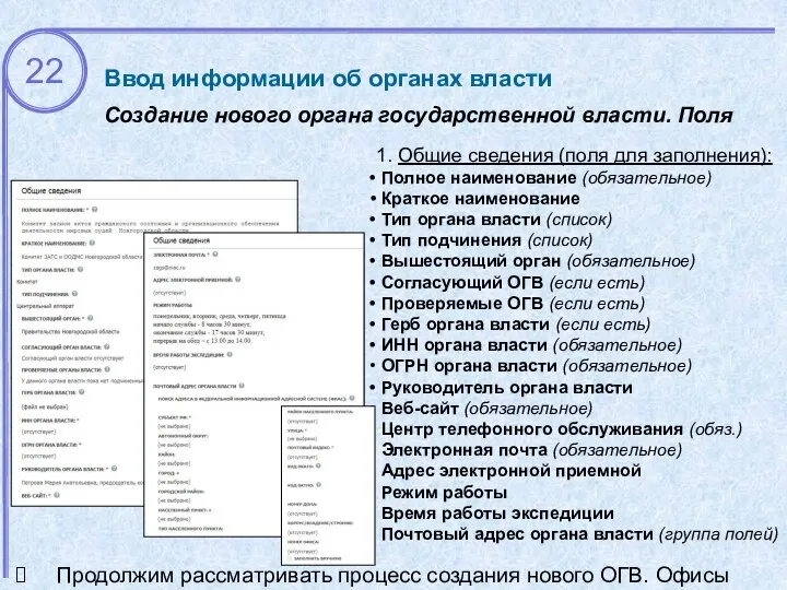 Ввод информации об органах власти Создание нового органа государственной власти. Поля