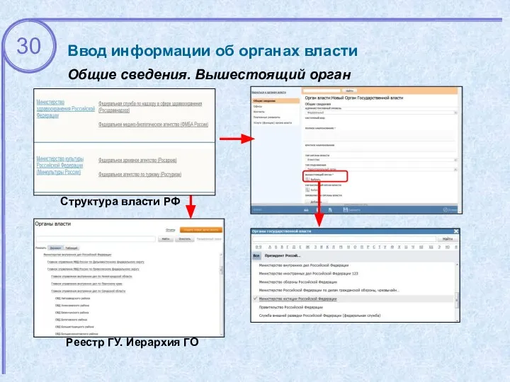 Ввод информации об органах власти Общие сведения. Вышестоящий орган Реестр ГУ. Иерархия ГО Структура власти РФ