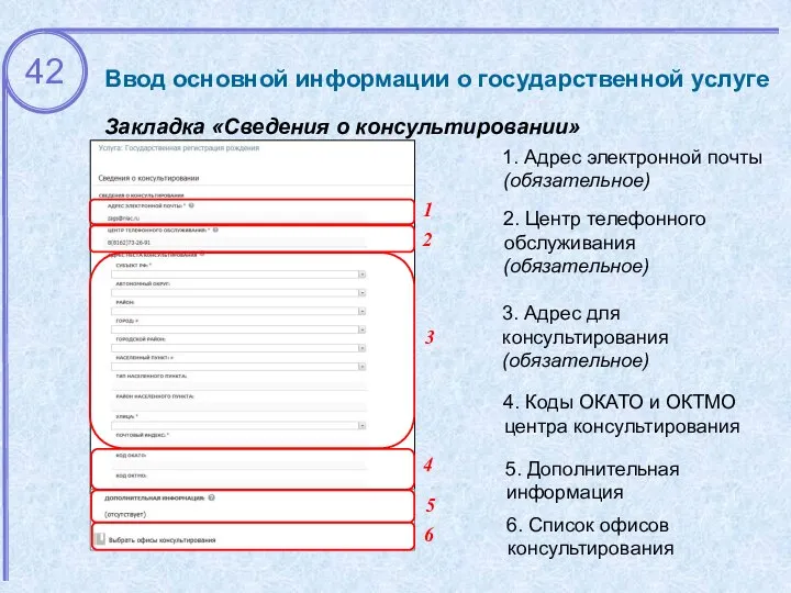 Ввод основной информации о государственной услуге Закладка «Сведения о консультировании» 3.