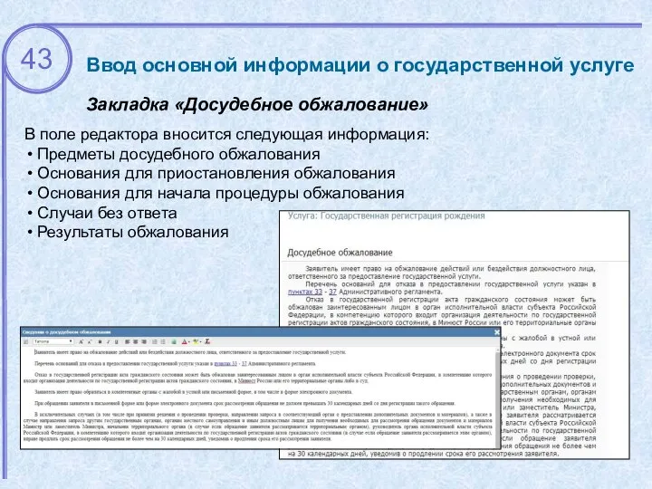 Ввод основной информации о государственной услуге Закладка «Досудебное обжалование» В поле