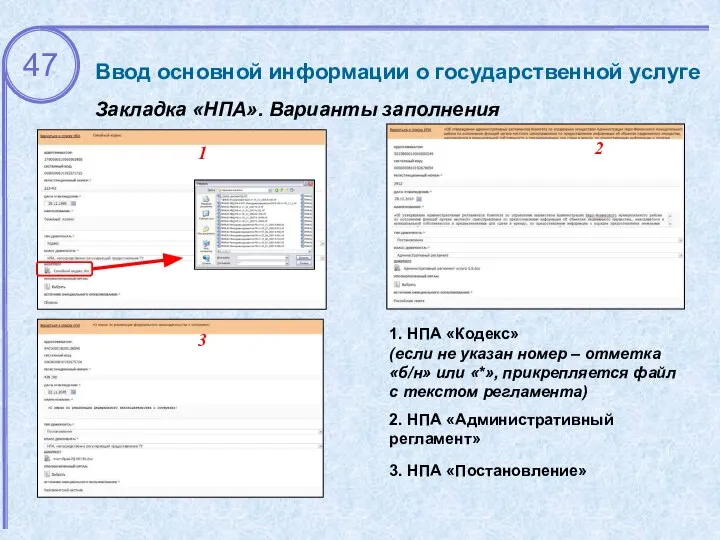 Ввод основной информации о государственной услуге Закладка «НПА». Варианты заполнения 1.