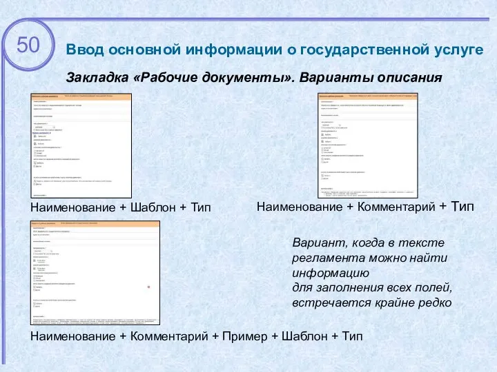 Ввод основной информации о государственной услуге Закладка «Рабочие документы». Варианты описания