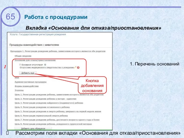 1 Вкладка «Основания для отказа/приостановления» 1. Перечень оснований Рассмотрим поля вкладки