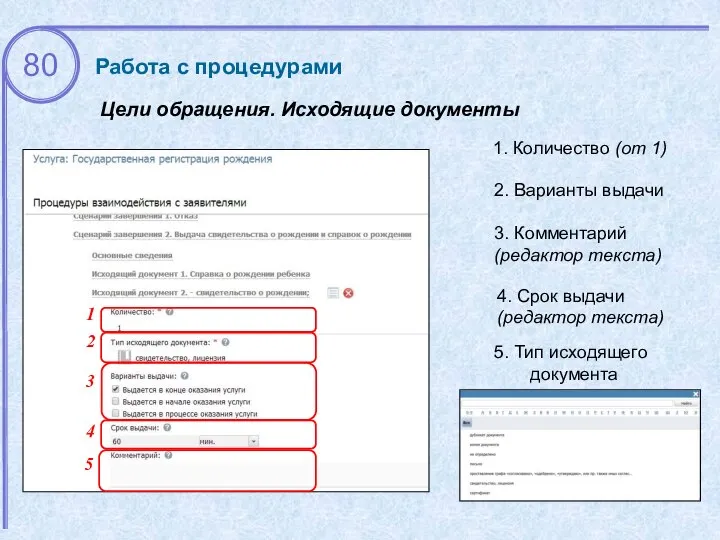 Цели обращения. Исходящие документы Работа с процедурами 1 5 2. Варианты